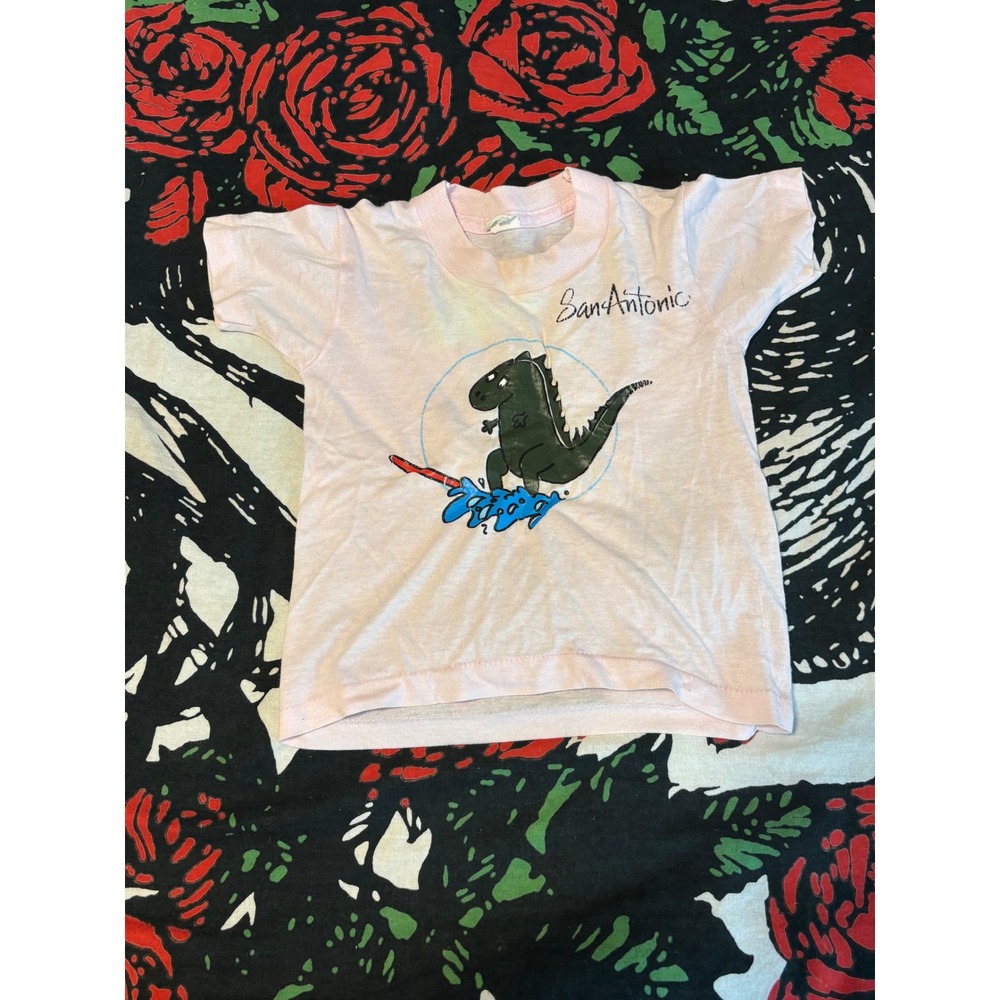 Vintage San Antonio Surfing Dinosaur T-Shirt Pink Kids Single Stitch Toddler